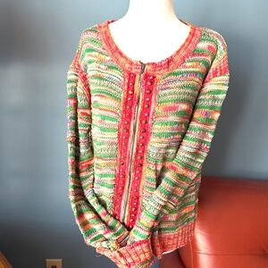 Vintage Yuka artsy multicolor knit studded two-way zip cardigan EUC